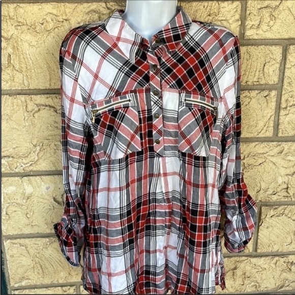 Takara plaid Top blouse Long sleeve Button 3/4 Size Large - Picture 7 of 12